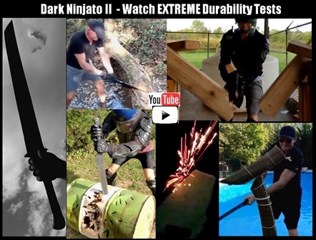 Doomsday Dark Ninjato II EXTREME Durability Tests. Slicing through multiple Gallon Jugs & Tatami Mats, Easily Busting through Particle 
Board & 2x4 Solid Wood, Chopping through Trees, Stabbing Repeatedly into a Car Hood & Steel Drum, Striking against a Metal Pole and 
Steel Drum, Striking against a Cheap Katana & Destroying its Edge, Repeatedly Striking against SOLID GRANITE and more!   