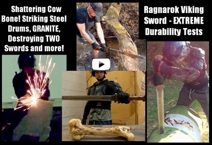 Doomsday Ragnarok Viking Sword  EXTREME Durability Tests.  Tests from Slicing through multiple Gallon Jugs, Chopping through Trees, 
Shattering a Cow Bone!  Striking against a Medieval Knights Helmet made out of steel, Stabbing Repeatedly into a Car Hood & Steel 
Drum, Striking against a Metal Pole and Steel Drum, Striking against a Cheap Katana AND a Stainless Steel European Sword Destroying 
BOTH Edges! Repeatedly Striking against SOLID GRANITE!   