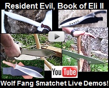 youtube video showing demonstrations and pictures of the Resident Evil Machete, Sword of Eli II, and Wolf Fang Smatchet.  All handmade 
by Scorpion Swords & Knives