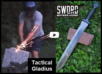 Tactical Gladius Extreme Durability Tests. Fully functional tactical version of the ancient Roman Gladius Sword. Flash through video 
of the sword, and see demonstrations slicing, thrusting, and chopping through jugs, trash cans, lumber, a metal pole. Even against 
Solid Granite it didn’t break! This blade is almost indestructible! 