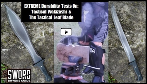 Tactical Leaf Blade & Wakizashi - See EXTREME durability tests. Slicing Multiple Jugs, to Chopping a Tree, Stabbing into a Metal Trash 
Can, Striking against a Metal Pole, Chopping on Hard 4x4 Pressure Treated Wood as well as Solid Composite Deck, Striking against a 
55 Gallon Steel Drum, Chopping CONCRETE, and then Striking against SOLID GRANITE!  Tests show NO damage up through the Concrete, leaving 
only minor damage to the edge after striking it repeatedly against ...